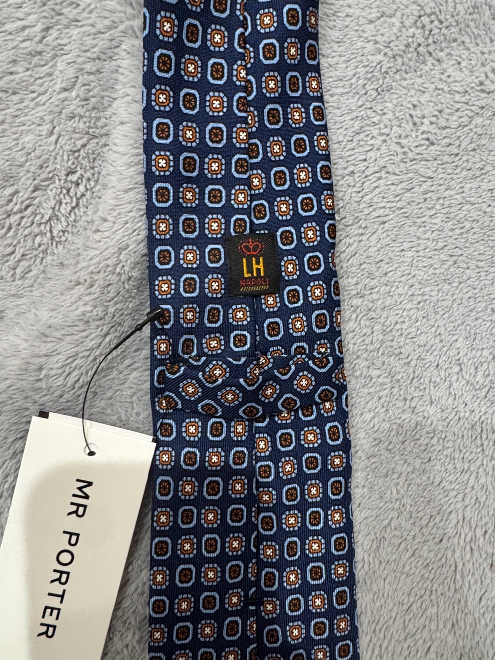 Rubinacci Napoli Blue Geometric Silk Tie with Brown Accents